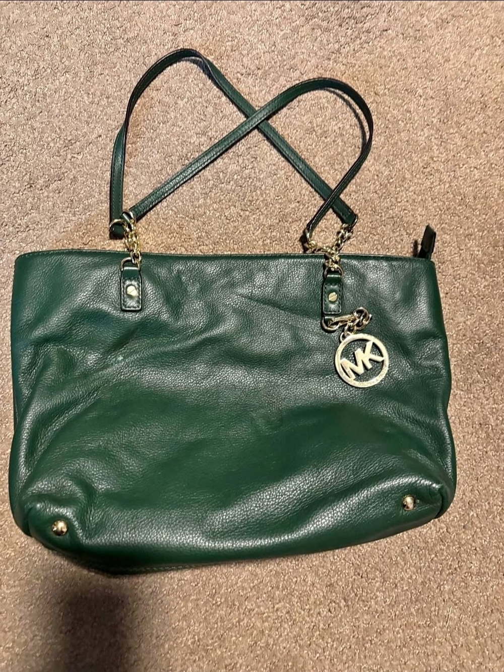 Michael Kors Dark Green Leather Tote with Gold MK Charm